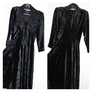 Vintage Dress Crushed Black Velvet Lace Long S